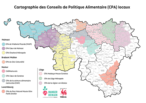 Carte CPA Texte de substitution de l’image : Carte de la Wallonie affichant le territoire concerné par chacun des 11 Conseil de Politique Alimentaire (CPA) locaux actifs sur la région.